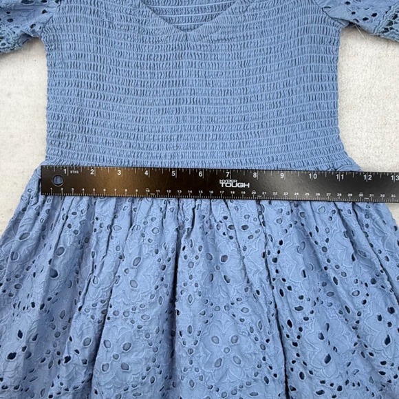 Betsey Johnson Blue Eyelet Smocked Mini Dress Sweetheart Puff Sleeve croquette - Picture 11 of 11